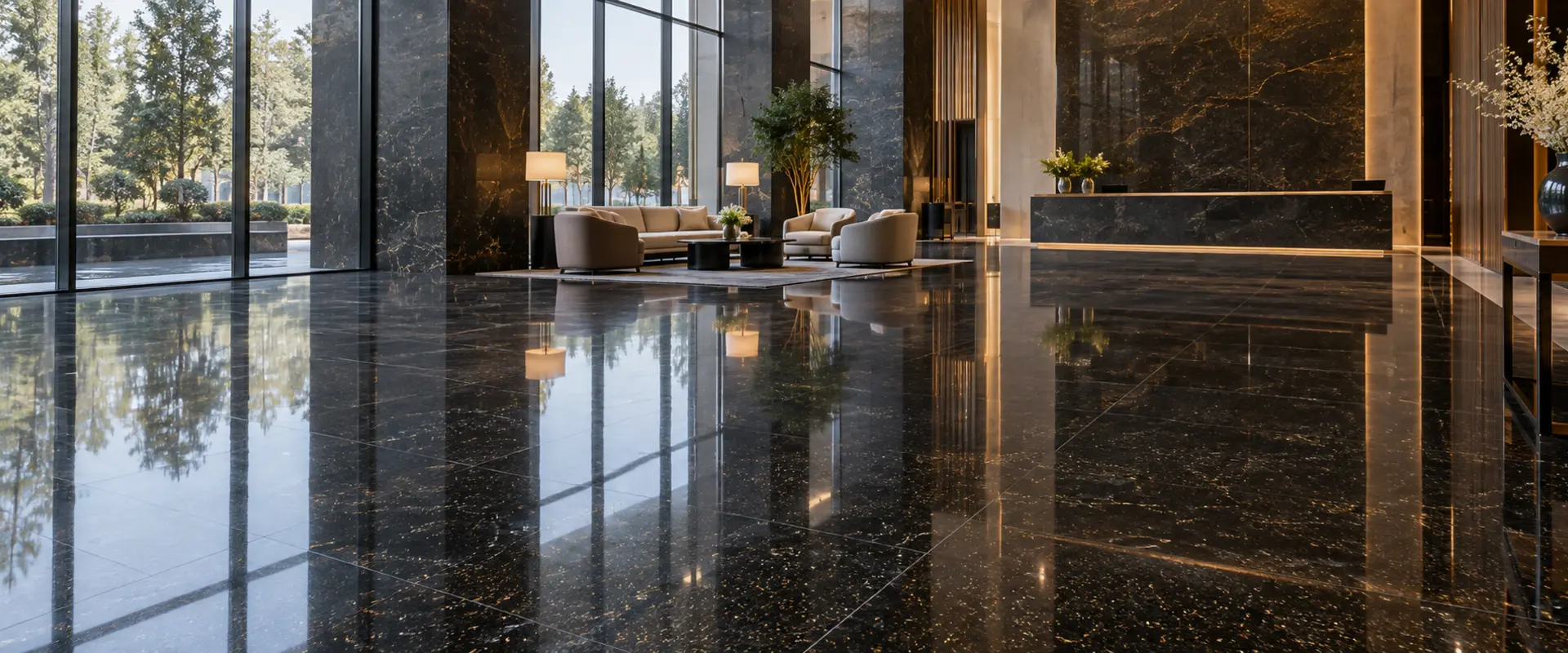Polished black granite flooring in a contemporary architectural interior